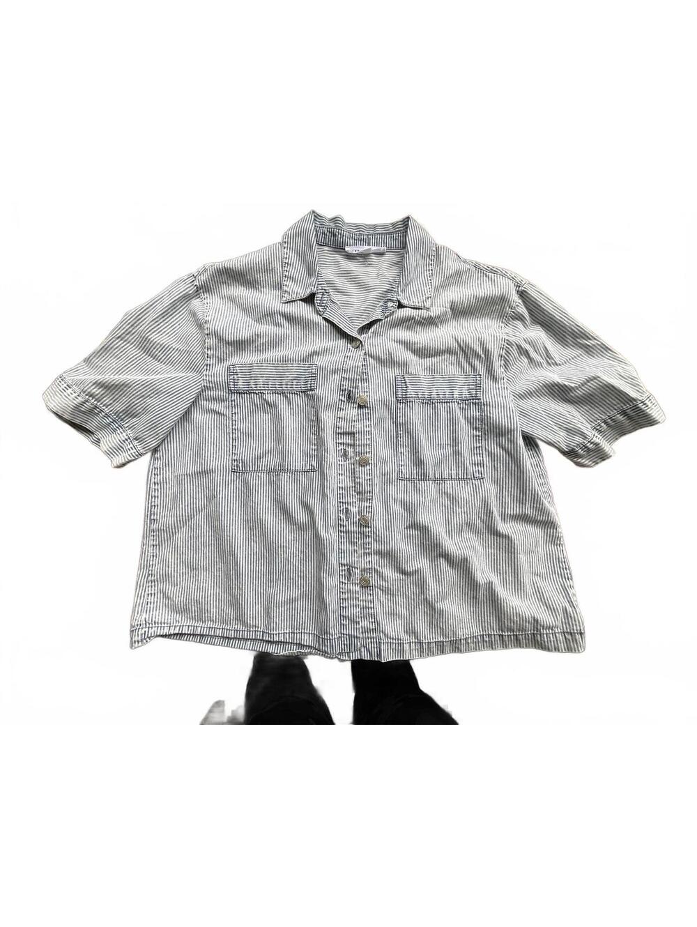 Light blue vintage inspired striped short sleeve button up shirt